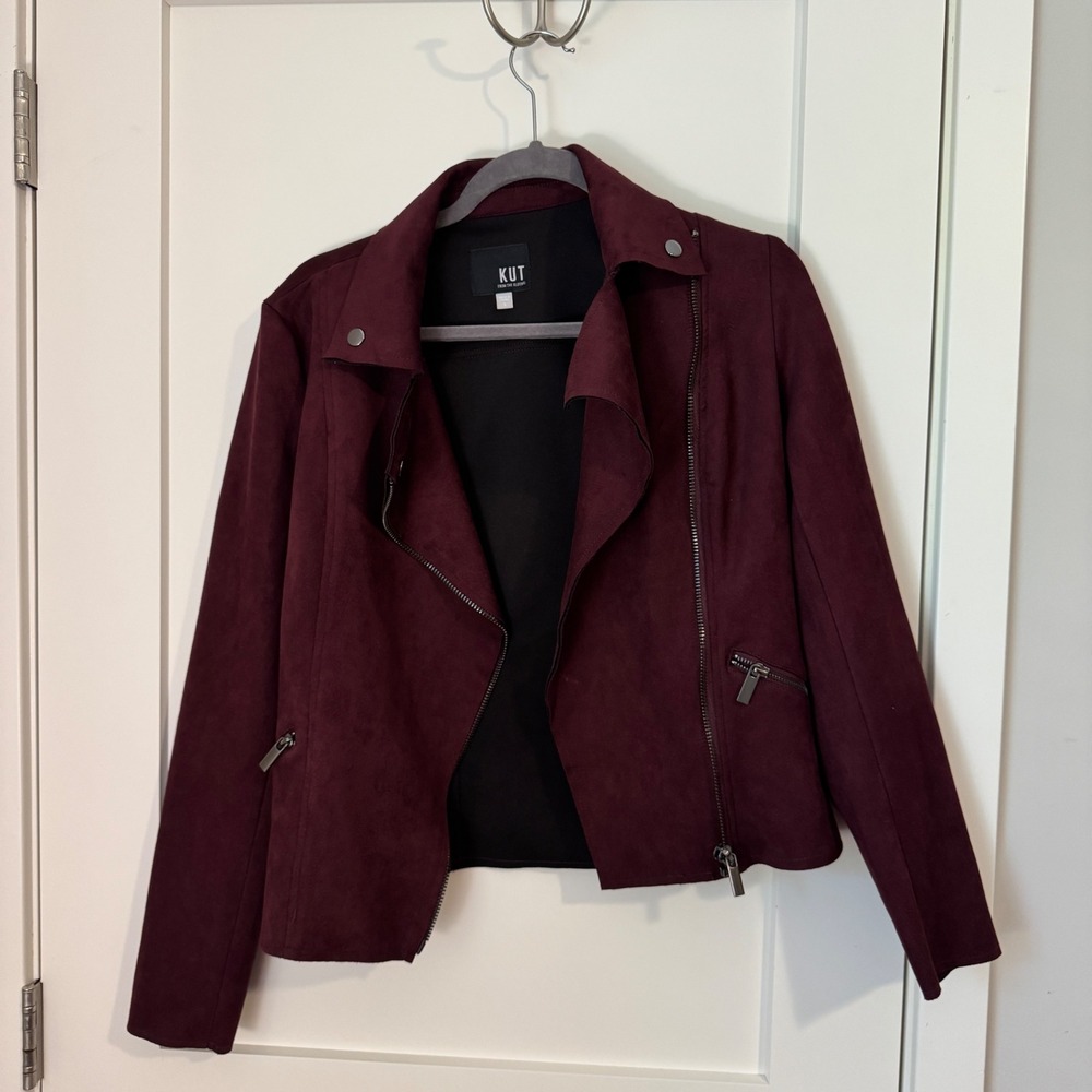 KUT from the Kloth Burgundy Faux Suede Moto Jacket Small KJ49901‎ Wine Biker